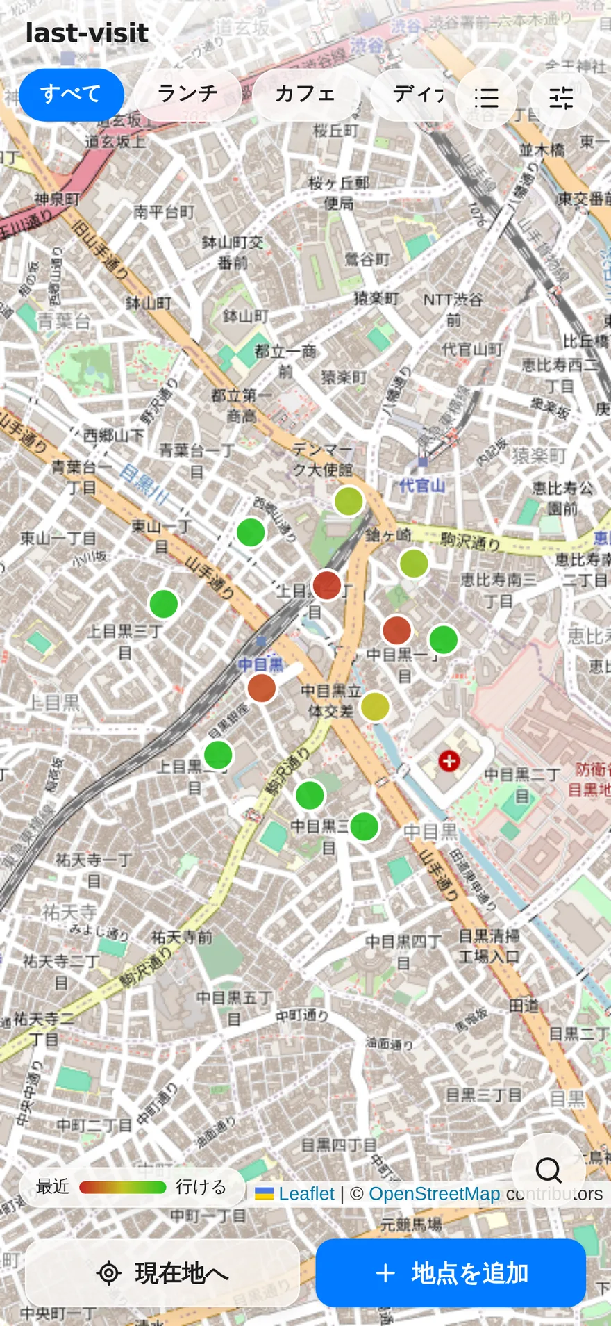 地図画面: 経過日数で色分けされたピンと凡例
